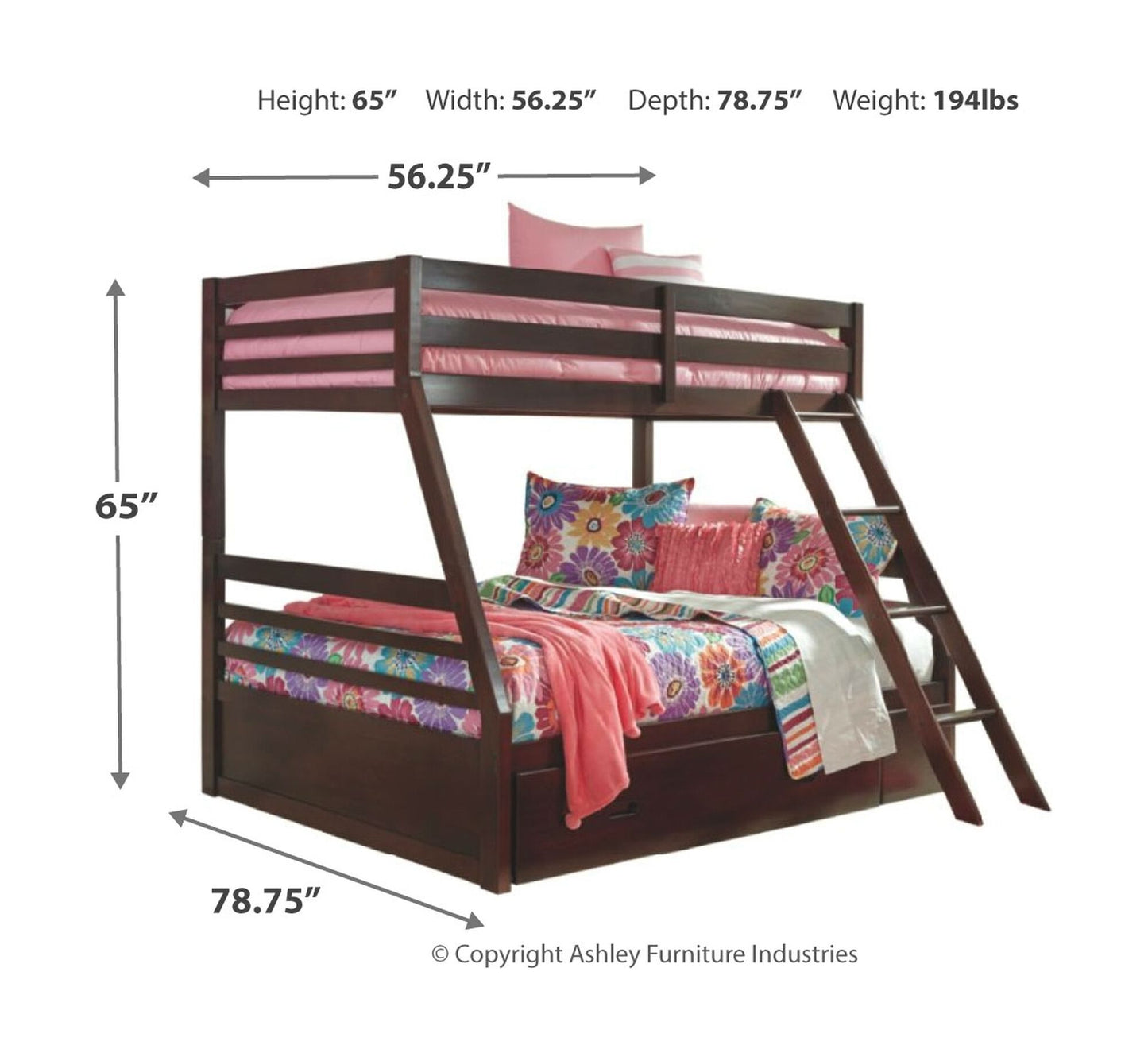 Halanton - Dark Brown - Twin over Full Bunk Bed with 1 Large Storage Drawer