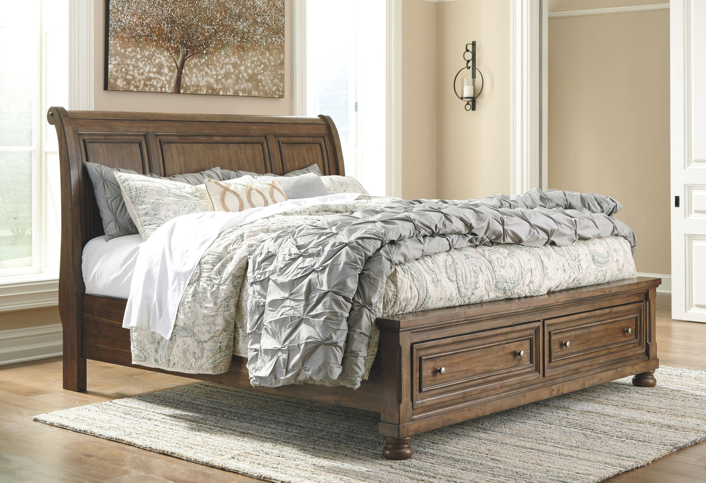 Flynnter - Medium Brown - King Sleigh Bed with 2 Storage Drawers